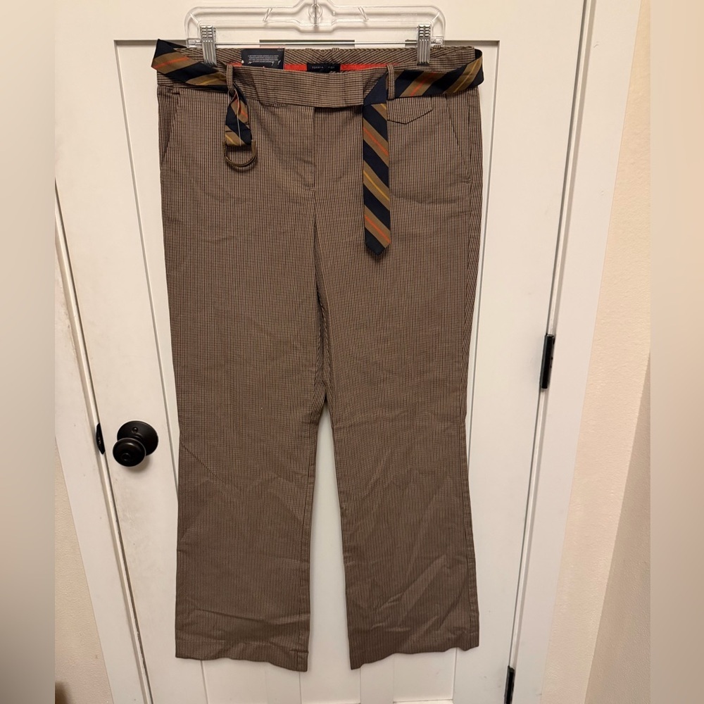 Tommy Hilfiger Pants 10 Brown Blue Check Belted Preppy Trousers Academia NWT